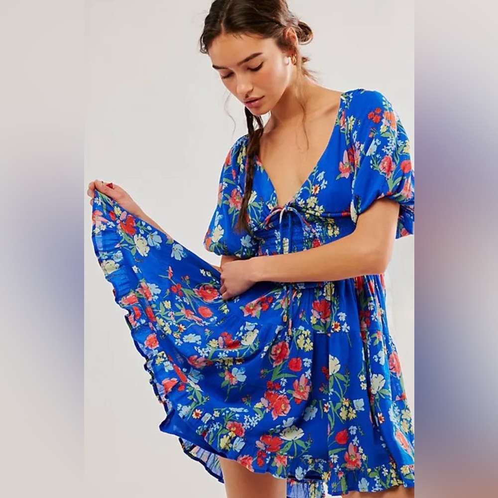 BNWT Free People Perfect Day Printed Dress in Colbalt Blue